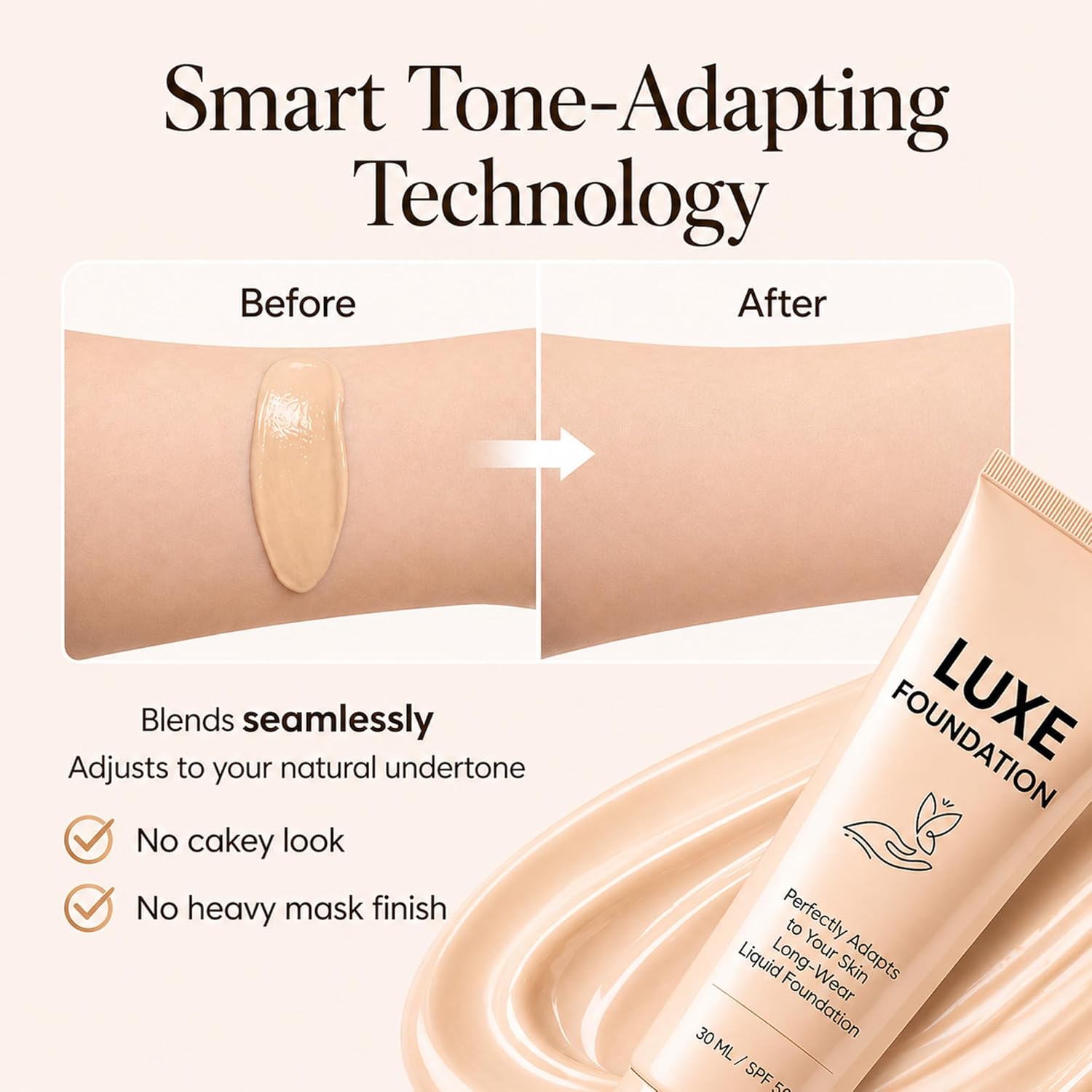 for Women, Smart Shade-Adapting Long-Wear Liquid Foundation, Hyaluronic Acid & Vitamin E, Creates Flawless Skin, Perfectly Blends with Your Complexion, SPF50, 30 ML