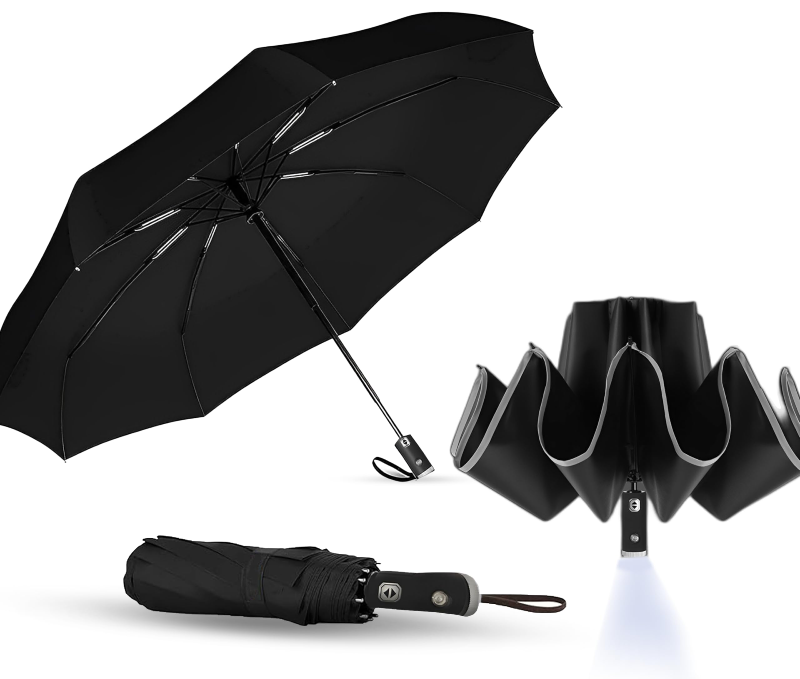 EVOKKFolding Umbrella, Portable Travel Compact Umbrella with LED Light, Inverted Umbrella Windproof Strong, Auto Open/Close, Anti-UV, Compact, Reflective Stripes for Rain Sun.