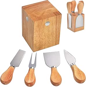 Cheese Knife Set with Holder Stand,Set of 4 Pieces Cheese Cutter Knives Set for Charcuterie Board,Stainless Steel Cheese Spreader,Slicer,Shaver,Fork with with Wood Handle &amp; Magnetic Knife Block