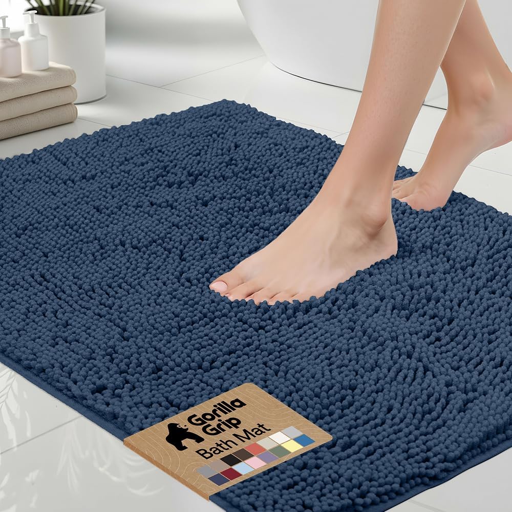 GORILLA GRIP Bath Rug Mat 30x20, Thick Soft Absorbent Chenille, Quick Dry Microfiber Mats, Rubber Backing Washable Shower Floor Rugs, US Designed Bathroom Bathmat Home Decor Accessories, Navy Blue
