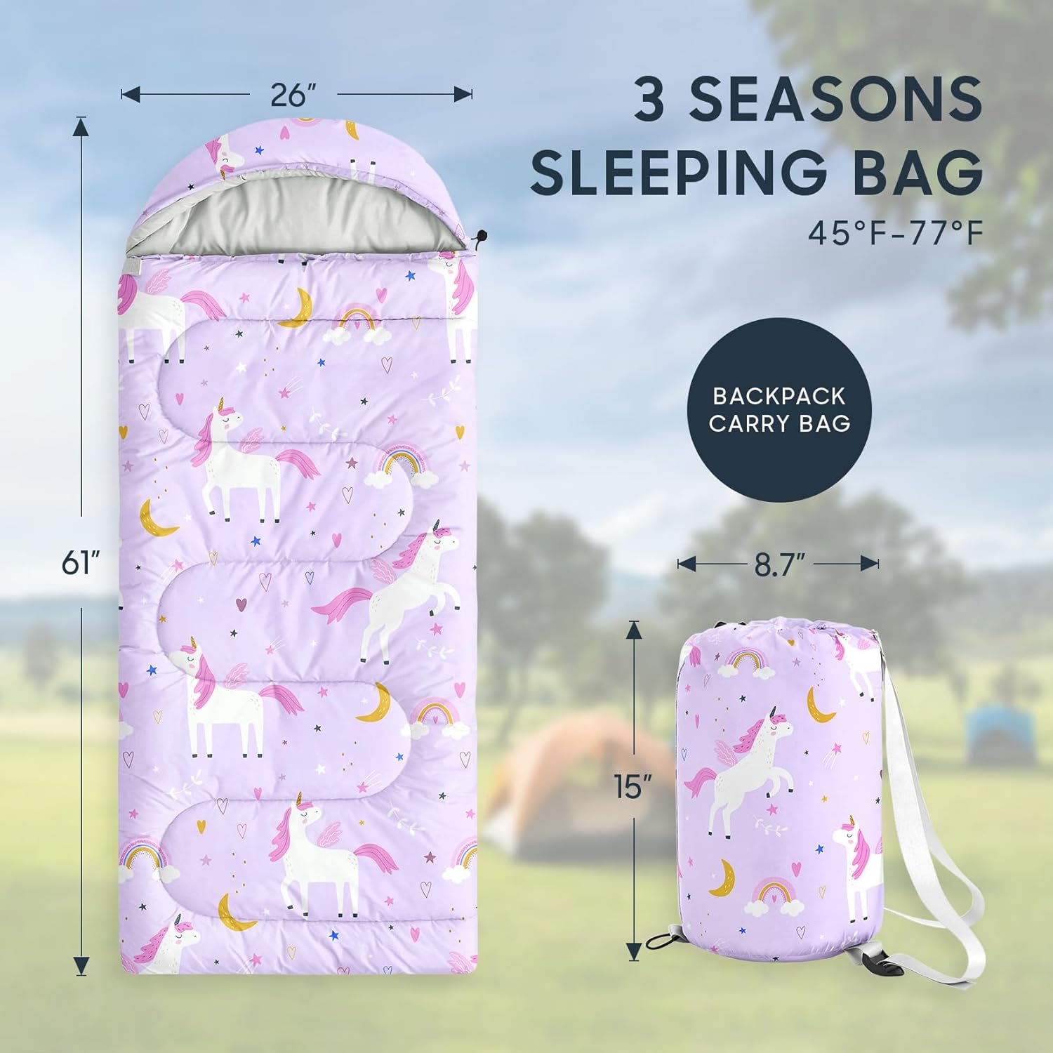 Wake In Cloud - Kids Sleeping Bag for Girls Toddlers, Camping in Warm Cold Weather, Backpacking Lightweight Compact Outdoor Liner for 3 Seasons, Celestial Unicorns