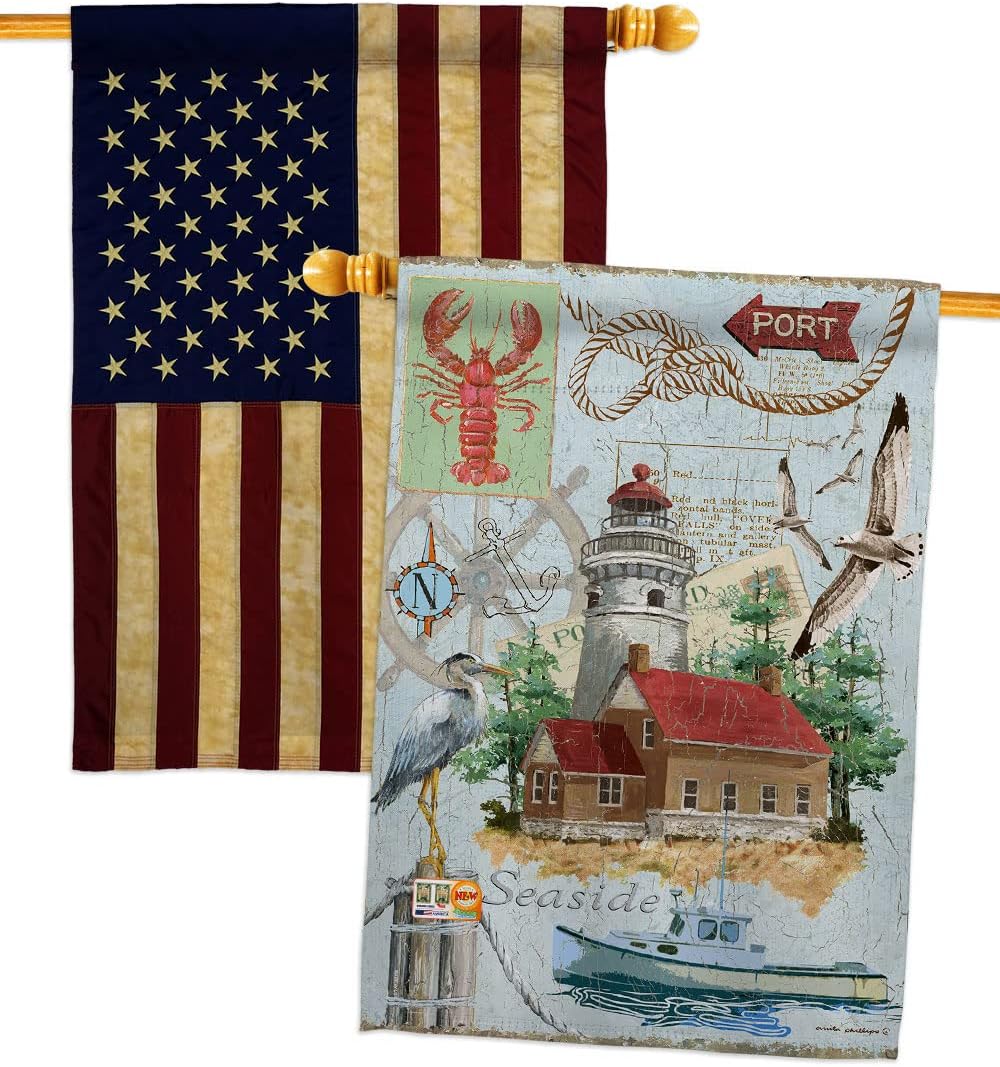 Seaside Lighthouse House Flags 2 pcs Pack Coastal Nautical Anchor Sailor Sea Shells Outdoor Summer Ocean Small Decorative Gift Yard Banner Double-Sided Made In USA 28 X 40