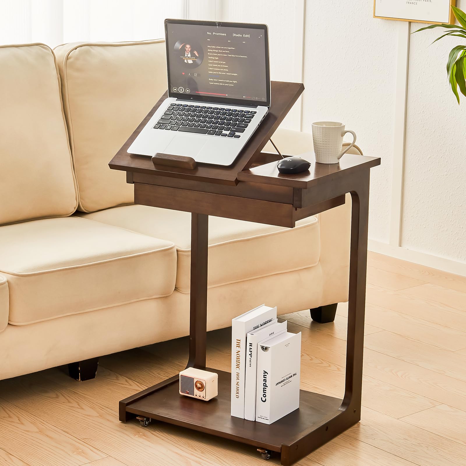 Wood Side Table for Couch - C Shaped Rolling End Table with Wheels Drawer, Wooden Modern Tv Tray Bedside Tables for Sofa Armchair Living Room Bedroom,