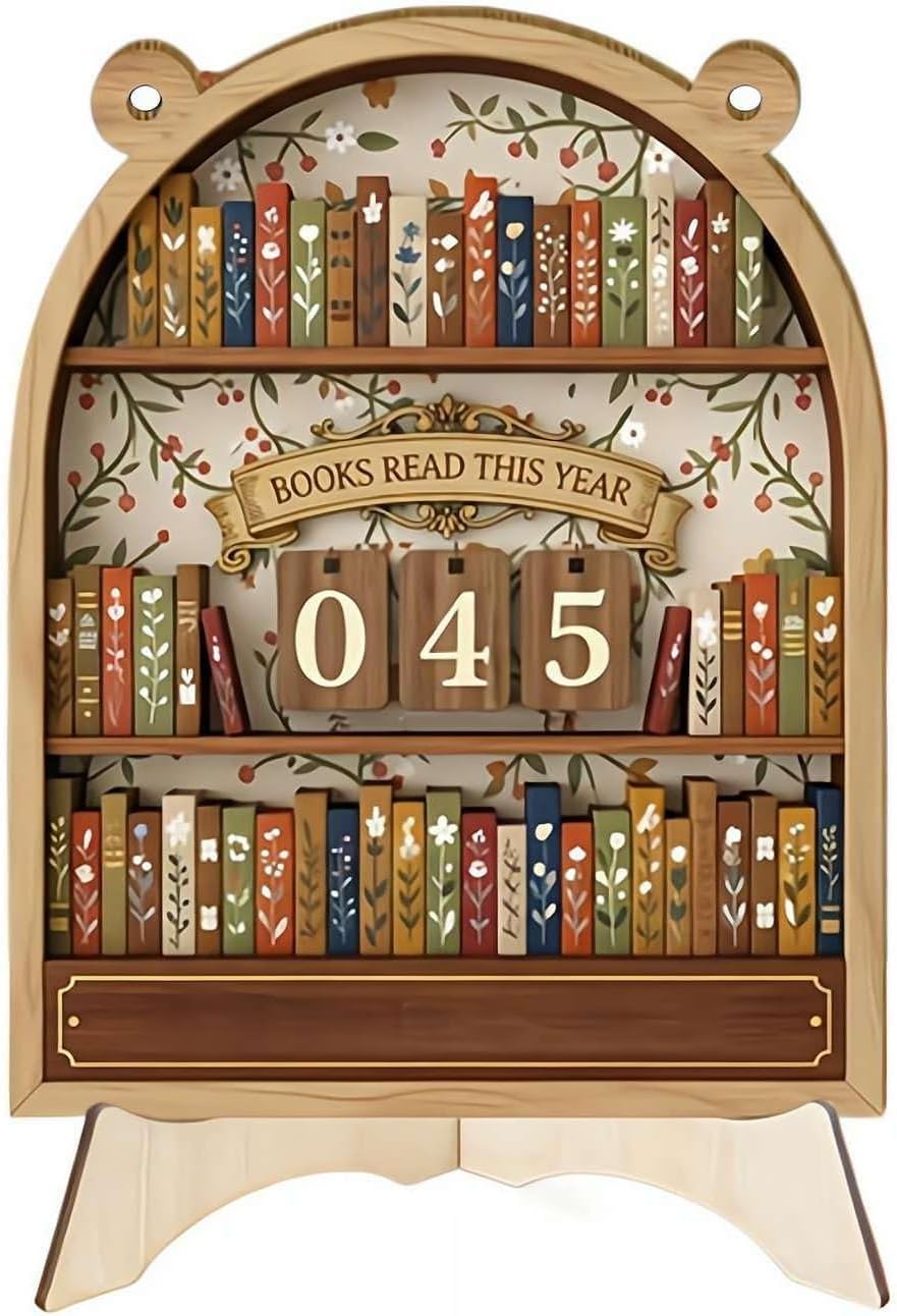 Book Reading Tracker Counter Sign, Personalized Mini Bookshelf Book Counter Log with 3-Digit Flip Number Display, Decorative Wooden Book Tracker Count for Home Library