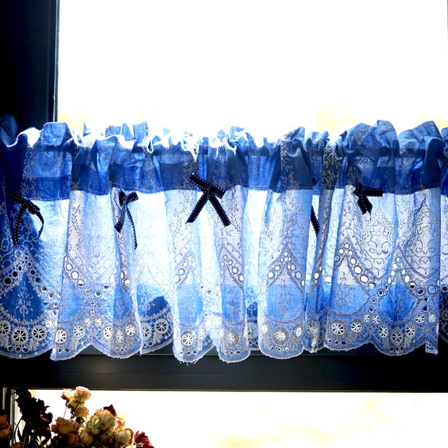 Tier Curtain Café Curtains,Blue Kitchen Curtains with Hollow Embroidery,Small Window Bistro Curtain Kitchen Living Room Bedroom Country House,Short Curtain Flounces with Lace,Half Curtain
