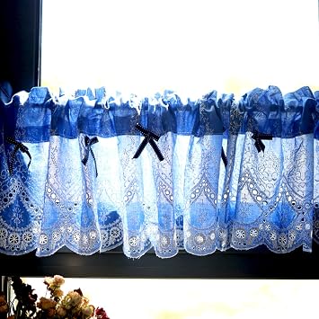Tier Curtain Cafe Curtains,Blue Kitchen Curtains with Hollow Embroidery,Small Window Bistro Curtain Kitchen Living Room Bedroom Country House,Short Curtain Flounces with Lace,Half Curtain