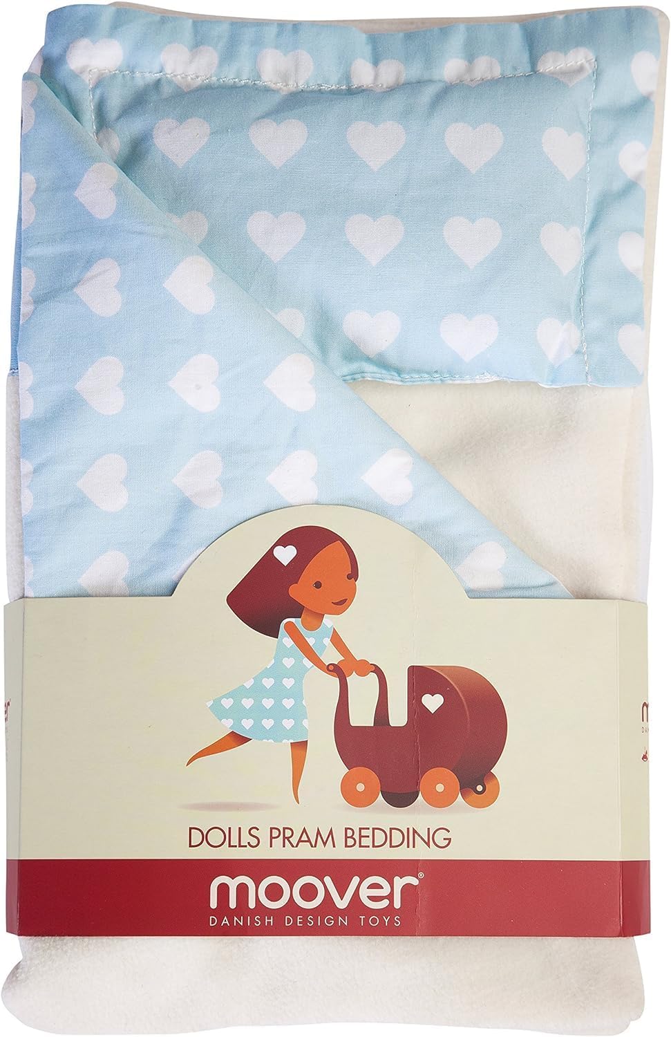 Moover Classic Doll's Pram Bedding Set, Pretend Play/Role Play, Includes Mattress, Sheet, Pillow and Blanket, 4-Piece Set, 18 Months+, Light Blue Hearts
