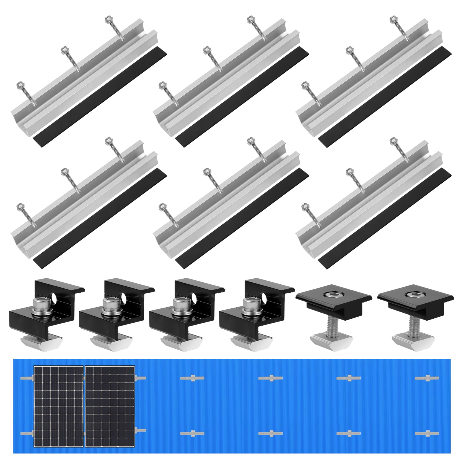 GETLITOOL Solarmodul Halterung Set – 20 Cm Alu-Schienen, Schwarz Eloxiert, Für 4 Module, 30–35 Mm Rahmenhöhe, Flachdach & Trapezdach