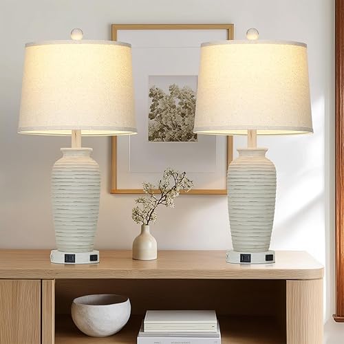 Miniatura 2 de Juego de 2 lámparas de mesa estilo casa de campo retro de 25 pulgadas, con control táctil de 3 vías, con puertos USB A+C y salida de CA, lámparas de