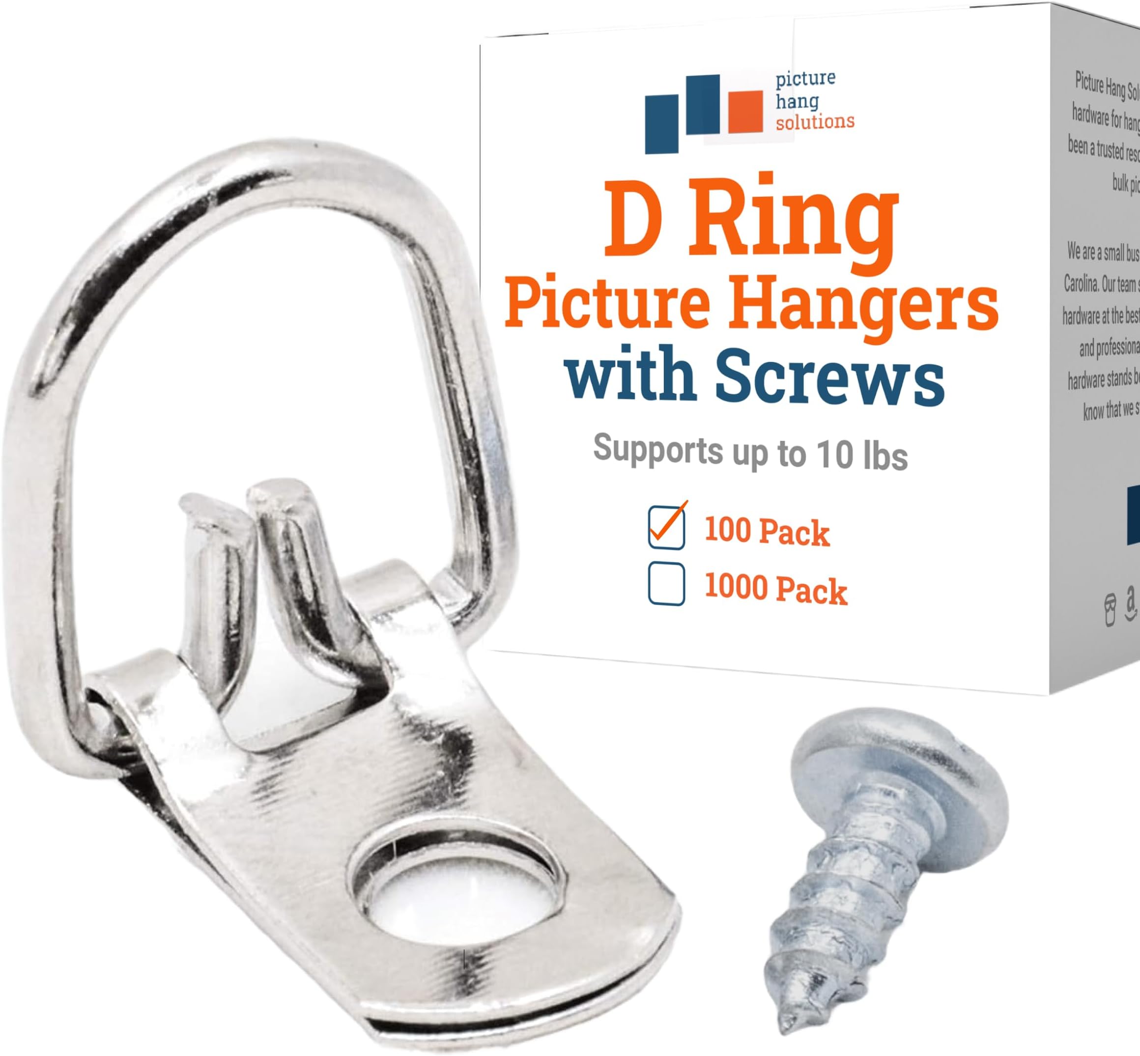 D Ring Picture Hangers with Screws - 100 Pack - Bulk D Rings - Pro Quality Hangers, Picture Hanging Hardware, Dring, Small D Ring Picture Hangers - Picture Hang Solutions.