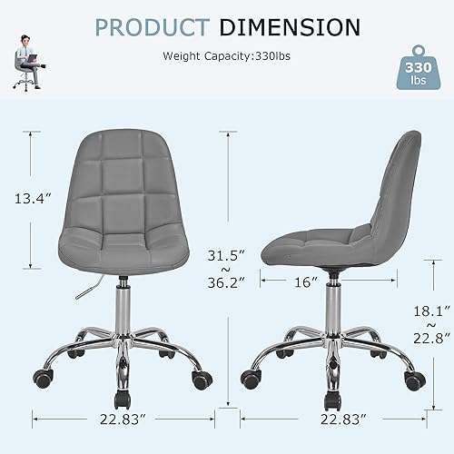 Miniatura 2 de VECELO Silla de escritorio para casa y oficina sin brazos, altura ajustable, de piel sintética PU, giratoria 360 grados con ruedas, elegante y