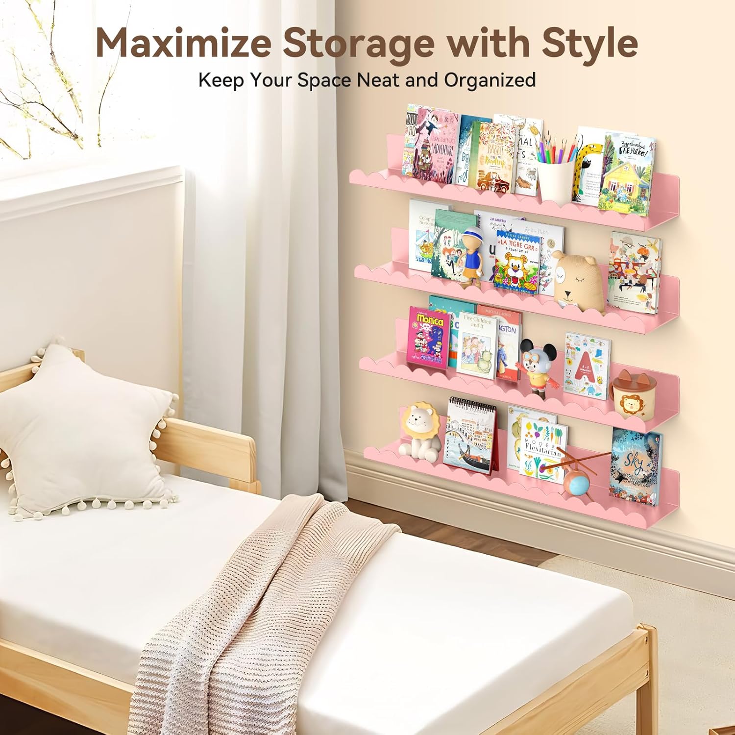 Floating Shelves for Wall, 23 Inch Metal Nursery Book Shelves 4 Pack, Wall Mounted Book Shelf for Kids Room, Bedroom, Bathroom, Playroom Decor (Pink)