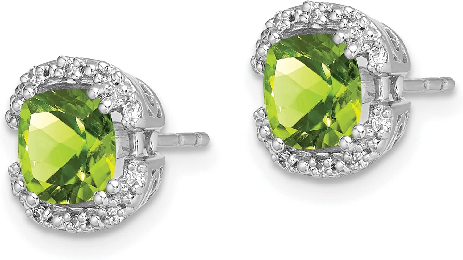14k White Gold Cushion Cut Peridot Halo Stud Earrings for Women with White Accent Stones, Green Gemstone Studs in Scrollwork Setting, August Birthstone, Fine Jewelry, Elegant Timeless Design - Image 2