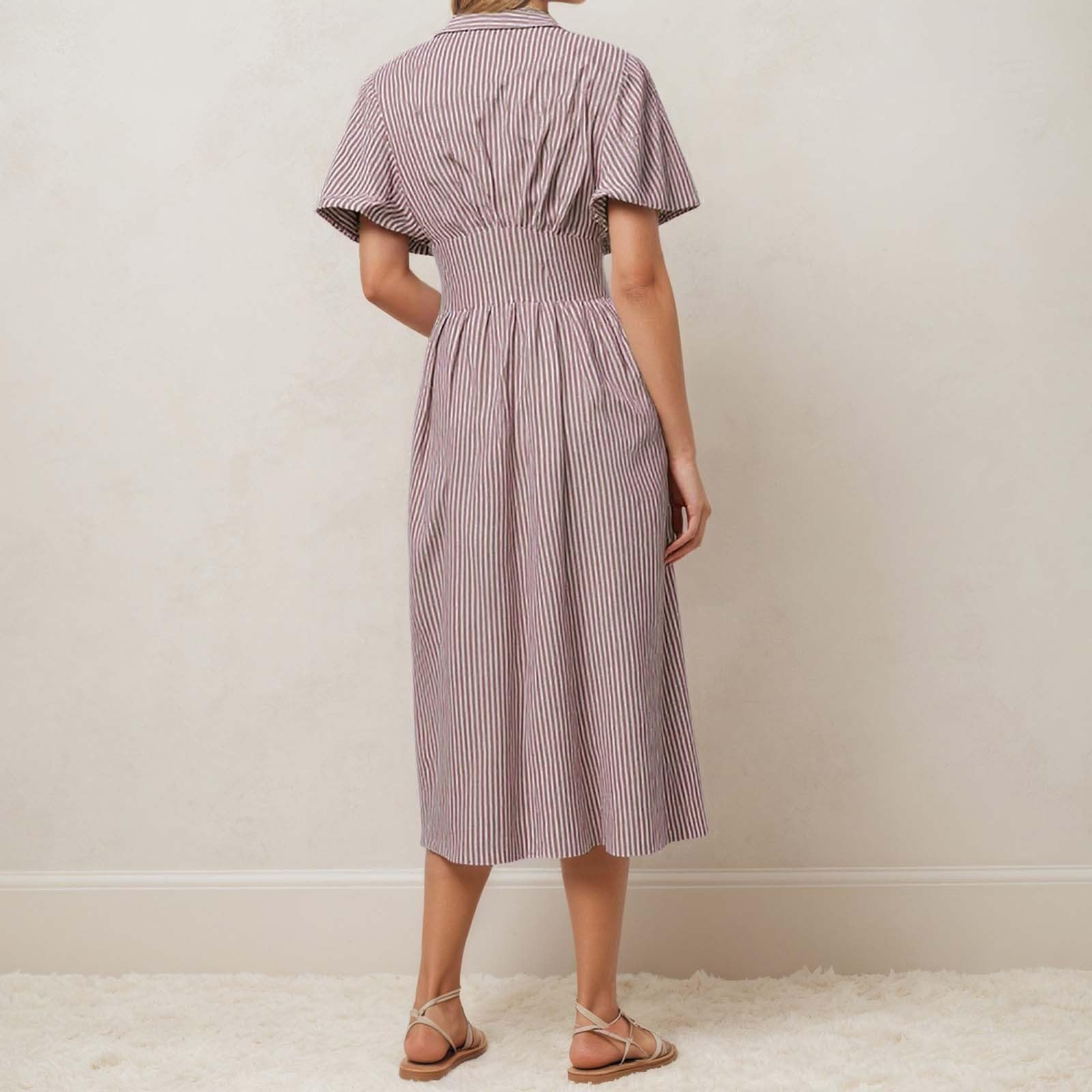Maxi abito con bottoni anteriori, camicia plissettata, stampa a righe, colletto a maniche corte, abiti lunghi casual