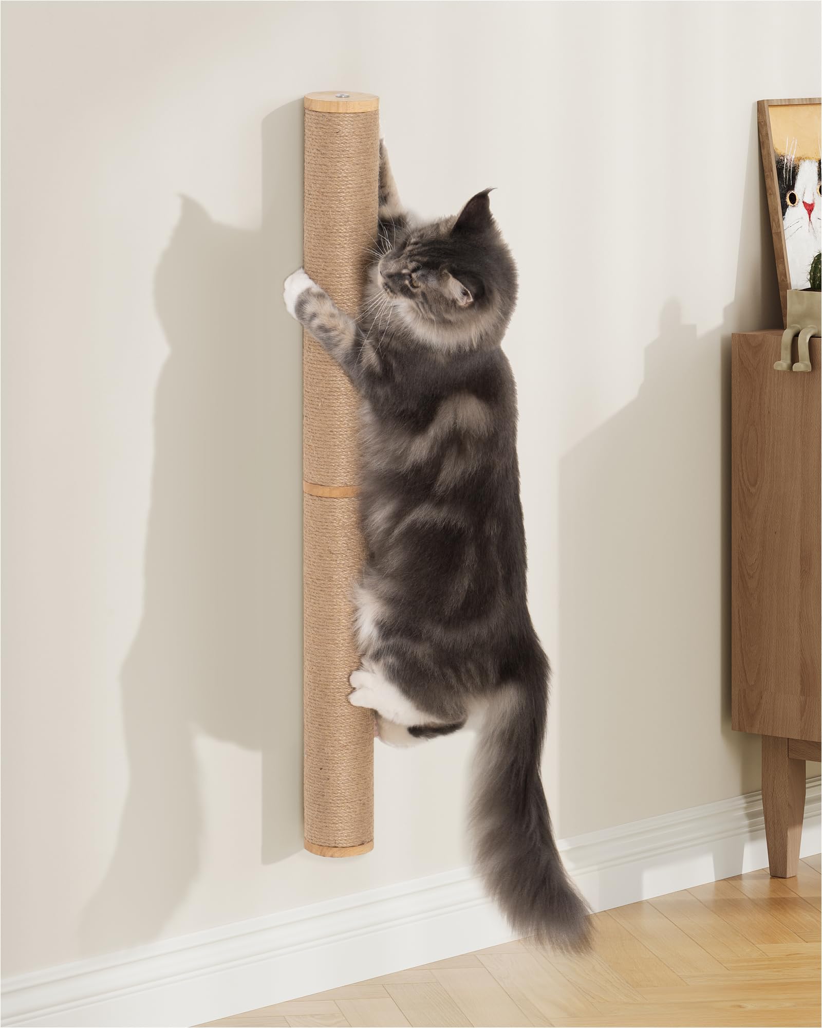 34" Cat Scratching Post on Wall for Large Cats, Wall Mounted Wood Cat Scratcher Furniture for Indoor Cats, Tall and Sturdy Corner Climbing Pole