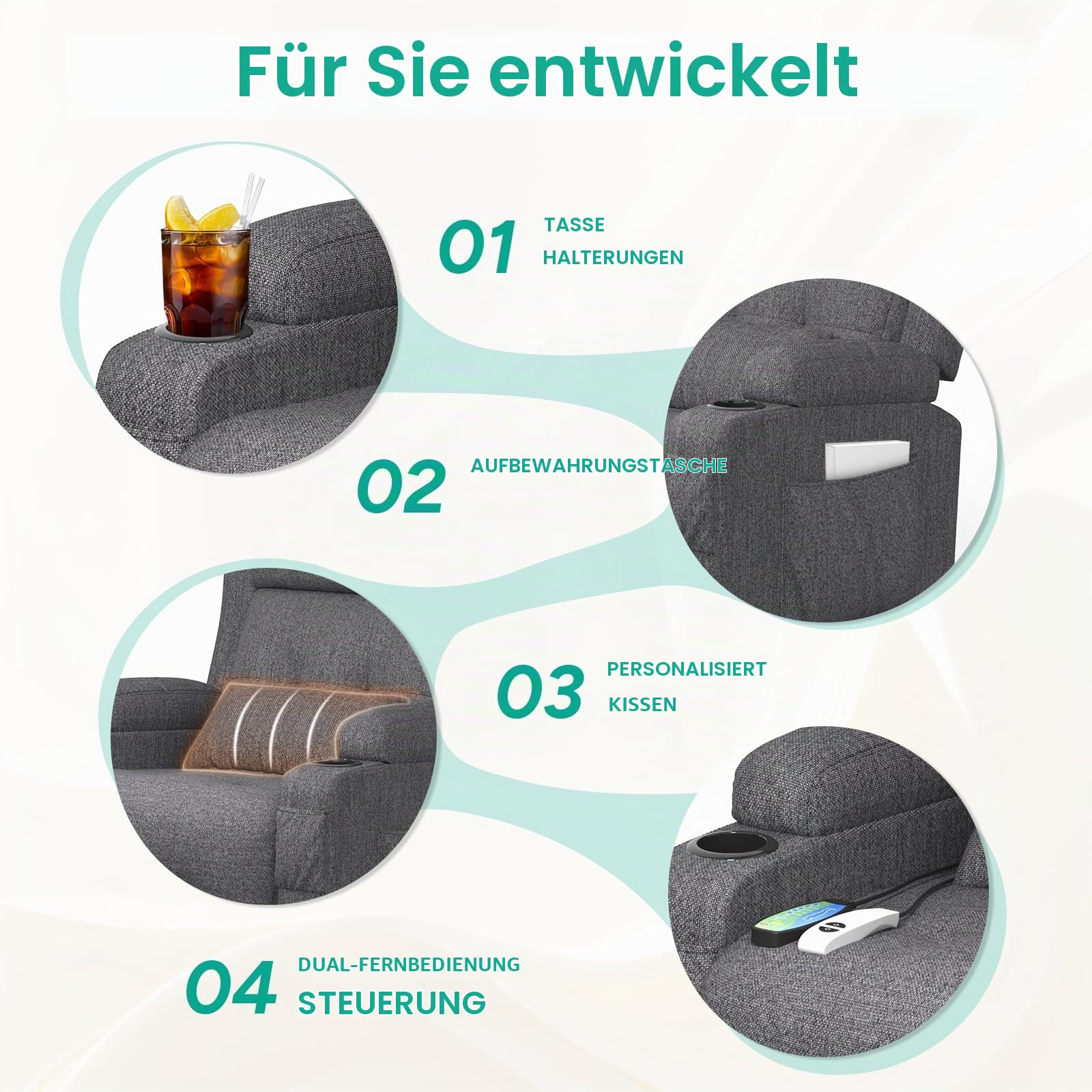 Relaxsessel Fernsehsessel - Satz von 2, Elektrisch Verstellbar Massagesessel mit Wärmefunktion Liegefunktion Fußteil, 2 Seitentaschen Getränkehalter, TYP C & USB-Anschlüsse, 2 TV Sessel