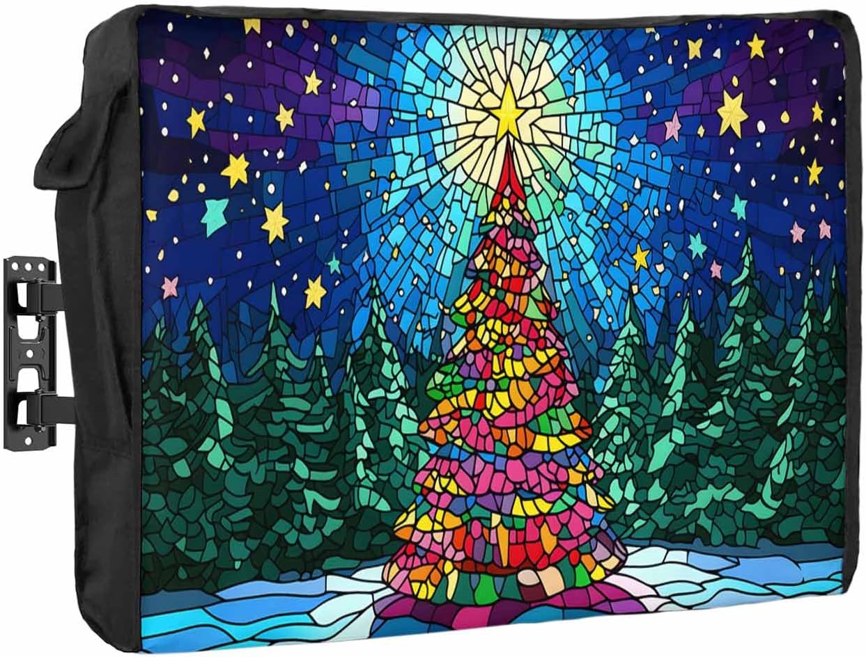Christmas Tree Teal Blue Outdoor TV Cover 40"-43" - 600D Waterproof TV Cover Weatherproof TV Screen Protector Dustproof Winter Xmas Pine Stars Green TV Display Protector for Outside Flat Screen TV