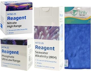 Phosphate, Nitrate, Alkalinity Reagents 25 Tests Including Microfiber Cleaning Cloth (Phosphate Ultra Low Range Reagents, Nitrate High Range, Seawater Alkalinity)