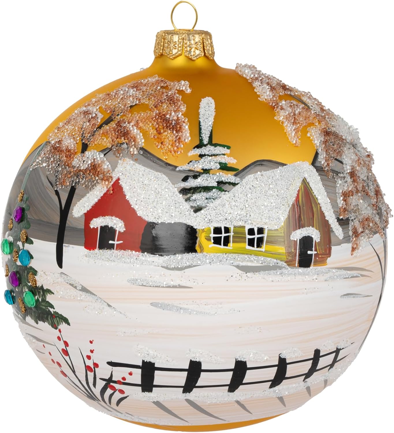 Gold Christmas Ornament Polish Blown Glass Ball Medium Bauble 5 inch Ø/120mm Hand Painted Winter Countryside