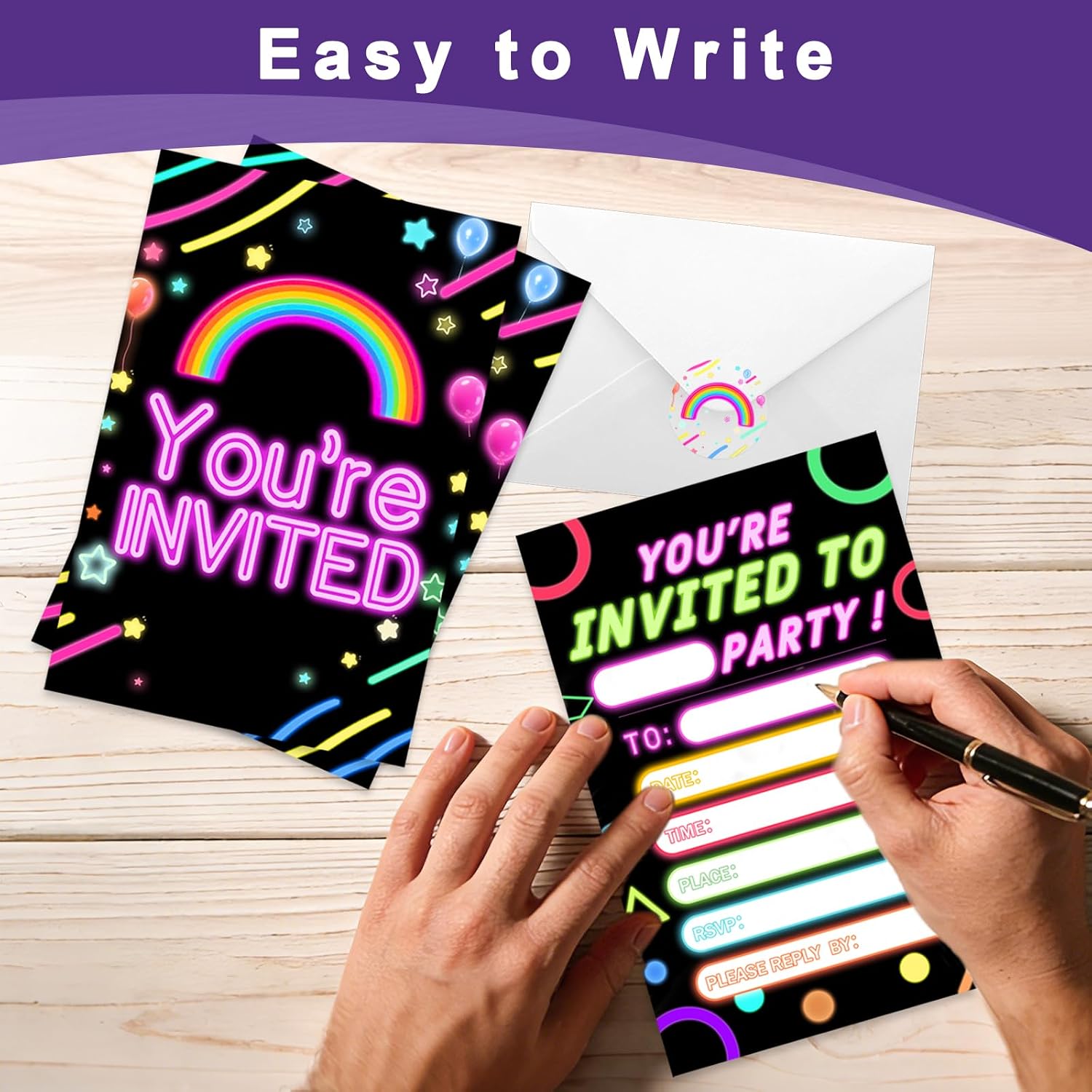 Neon Rainbow Party Invitations 20 Set, Glow in The Dark Vibrant Invite Cards Double Sided Design with Envelopes & Stickers, Neon Theme Birthday Invitation Supplies for Kids Disco Festival Rave Party