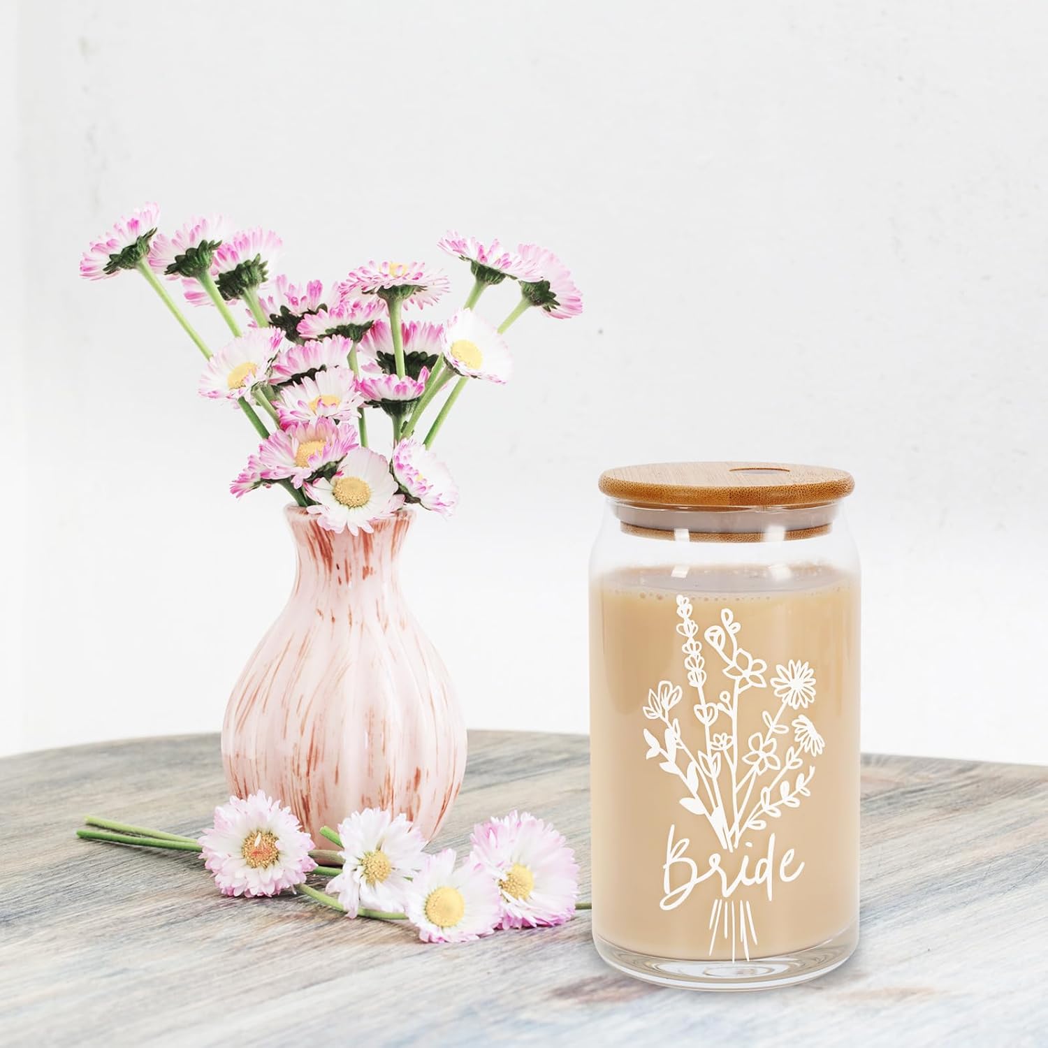 Whaline Bride Wedding Drinking Glasses 16oz Flower Glasses Cup with Bamboo Lids Glass Straw Cleaning Brushes Bride Shower Ice Coffee Cup for Cocktails Whiskey Beer Soda Wedding Gifts - Image 7