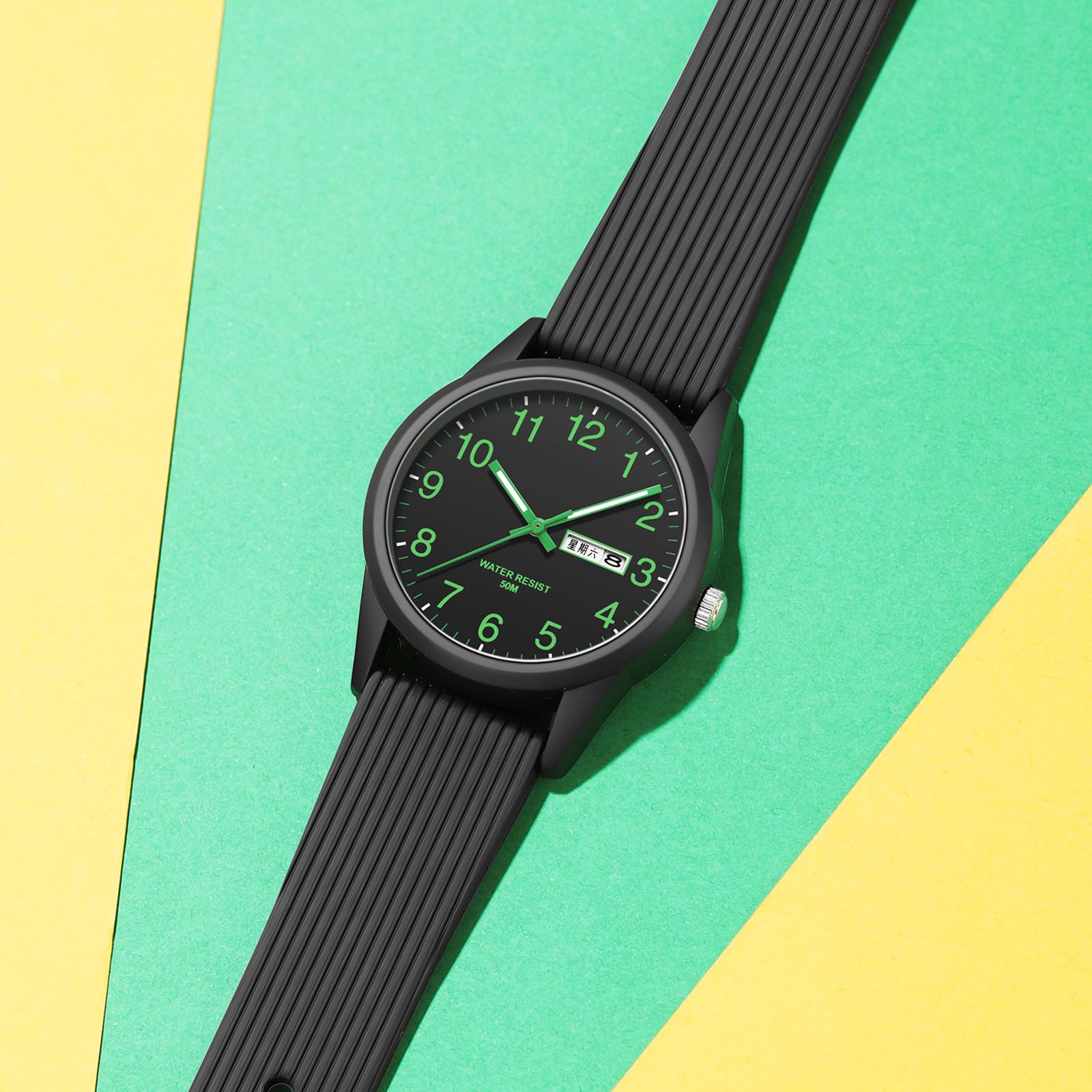 findtime Montre analogique à quartz pour homme et femme - Étanche jusqu'à 50 m - Bracelet en silicone - Montre décontractée pour adolescents - Avec date, jour de la semaine, aiguilles lumineuses