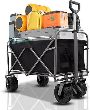 Collapsible Folding Wagon Cart, Portable Folding Beach Wagons with Wheels, Lightweight Utility Camping Wagon for Groceries, Shopping Sports Garden Black