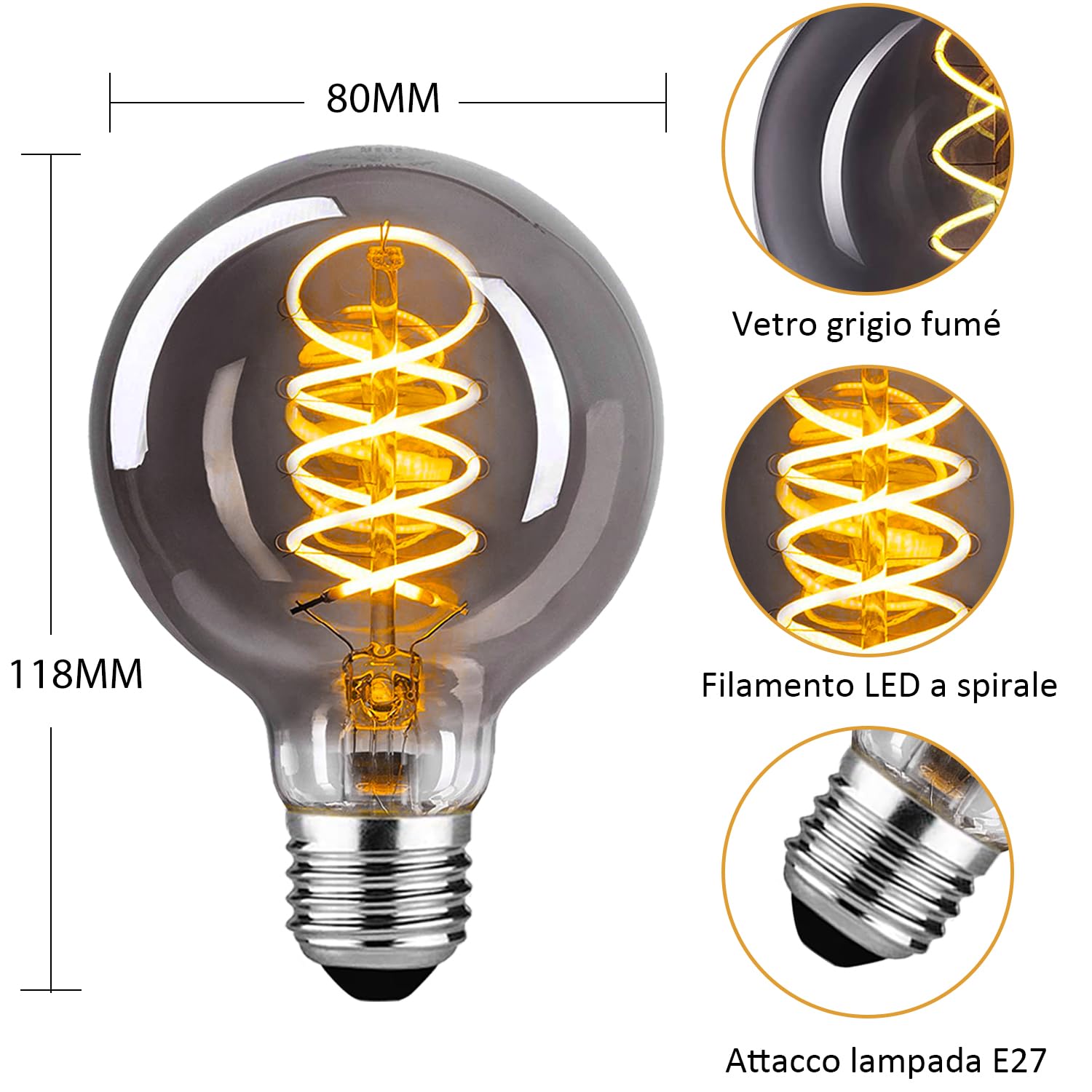 Lampadine LED E27, Dimmerabile Lampadina LED 4W (Equivalente a 40W) G80 Edison Vintage Lampadina LED E27 Luce Calda 2700K - Grigio, Pacco da 6