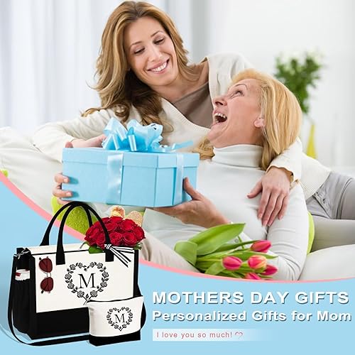 Miniatura 2 de YOOLIFE Regalos para mujeres, regalos para el día de la madre, bolsa de lona con inicial, bolsa de playa y bolsa de maquillaje, regalos de