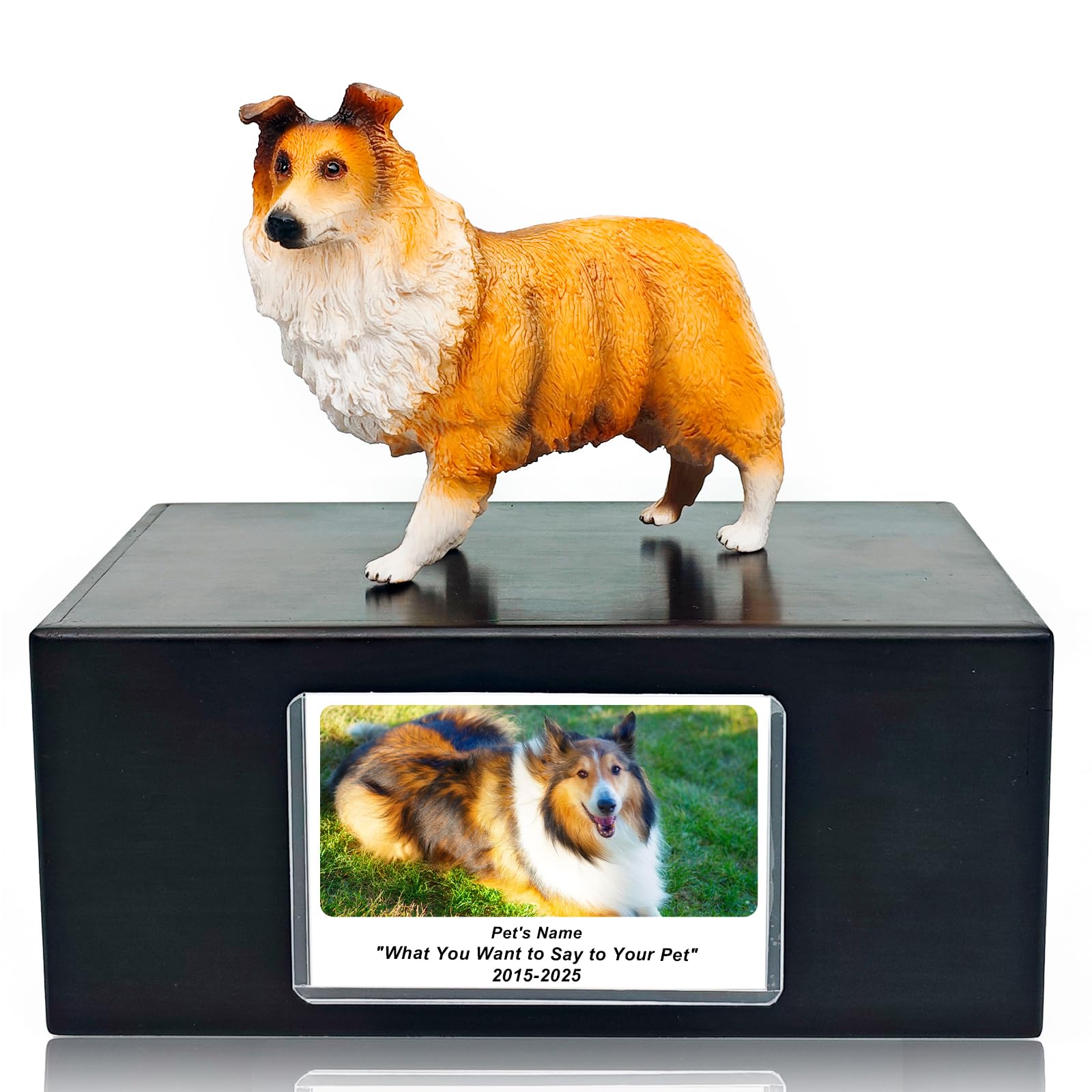 MEM PLANETE Pet Dog Urns for Ashes Memorial Gifts for Loss Lovers Shadow Box Sympathy Keepsake Small Big Cremation Casket Funerary Frame Pictures Solid Rosewood Material Collies Figurine Urn