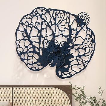 Modern Metal Art Wall Decor, Nordic Style Hollow Lotus Wall Decoration, Creative Abstract Blue Floral Hanging Artwork Wall Sculptures for Living Room Bedroom Kitchen Office,M