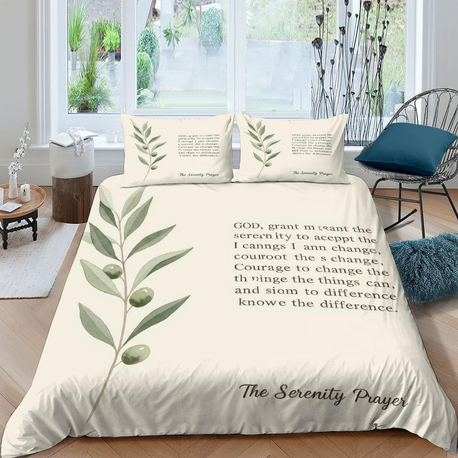 Ctjqhvkz Style-8 3D Printed Olive Leaf Fitted Sheet Microfiber Soft Off White Serenity Quote Mattress Cover For Bedroom Guestroom Decor Single（135X200cm）
