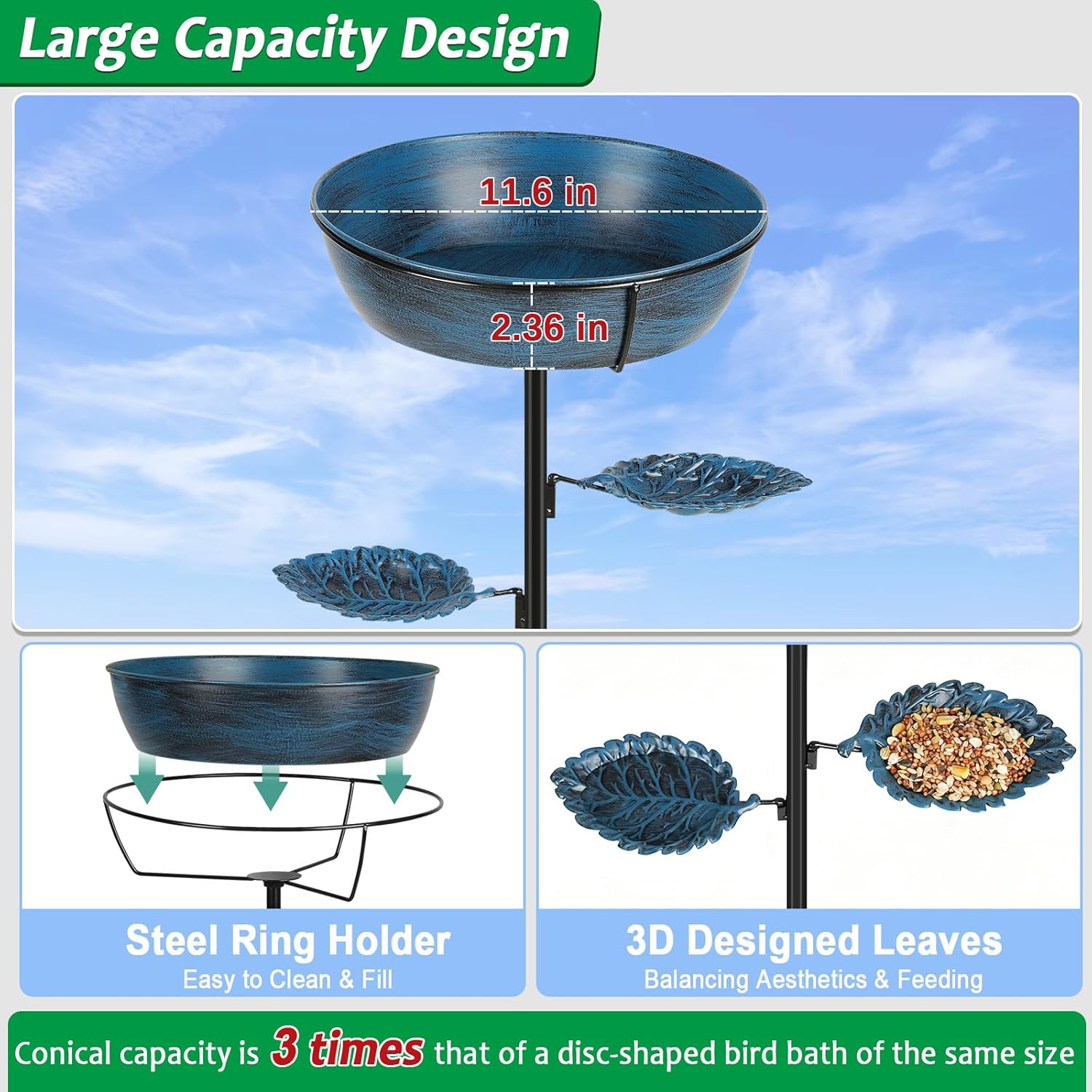 Metal Bird Bath for Outdoor - Garden Bird Bath with Removable Bowl Heavy-Duty Base, Winter Birdbath Feeder Rust-Proof Birdbaths for Garden Yard Lawn Decor, Easy to Install(Blue)