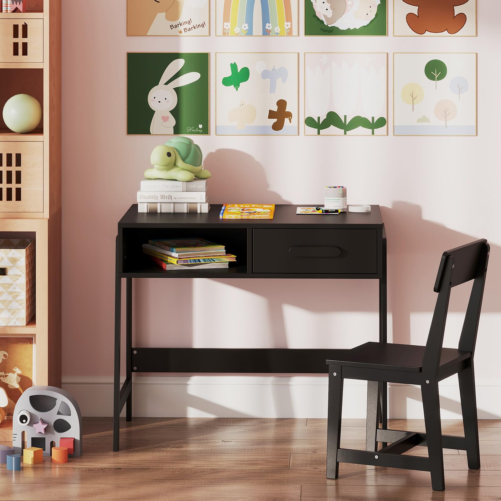 LIFEZEAL Kinderschreibtisch Stuhl Set, Holzschreibtisch mit Schubladen & Ablage, Kindersitzgruppe für Zuhause und Schule, Studenten-Schreibtisch Holz für Jungen & Mädchen (Schwarz)
