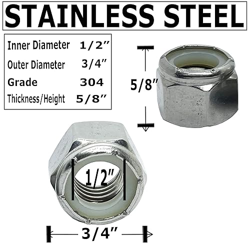 Miniatura 2 de 100 - Tuerca hexagonal de nailon y rosca de acero inoxidable - para pernos de 12 pulgada - Tuercas de seguridad de calidad (100)