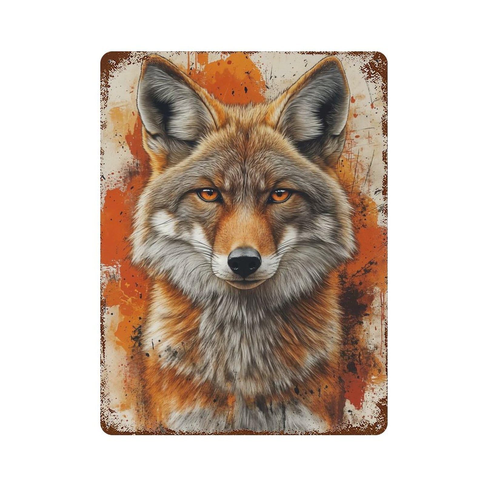 Coyote Portrait with Orange Splatter Background Decorative Tin Sign 15.7"x11.8", Vintage Wall Decor for Basement, Hobby Room And Garage Decor