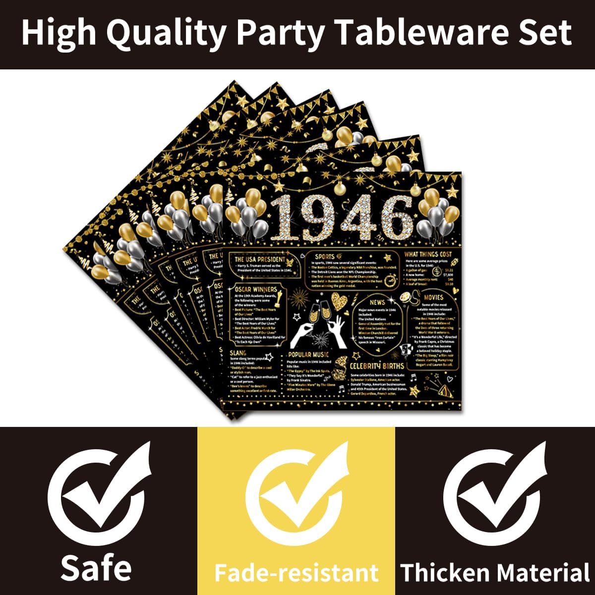 96PCS 80th Birthday Plates and Napkins Party Supplies 80th Birthday Decorations for Women Men 80th Anniversary Decorations Cheers to 80 Years Vintage 1946 Tableware Sets Serve 24 Guests