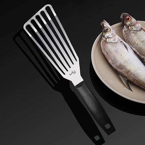Miniatura 7 de MIU - Espátula de pescado de acero inoxidable, metal flexible ranurado, espátula ligera para barbacoa, hoja de 6.5 pulgadas, mango de plástico con