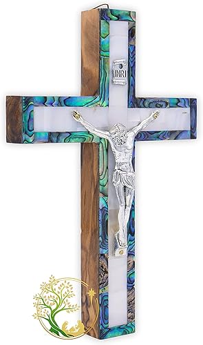 Pequeña cruz decorativa de pared de nácar hecha a mano en Tierra Santa | Crucifijo de pared de madera de olivo | Cruz católica de madera | Hecho por