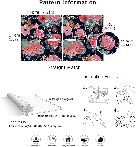 Miniatura 4 de Papel tapiz extraíble con diseño de cactus floral rosa azul marino, vinilo autoadhesivo prepegado decorativo para niñas y mujeres, gabinetes de