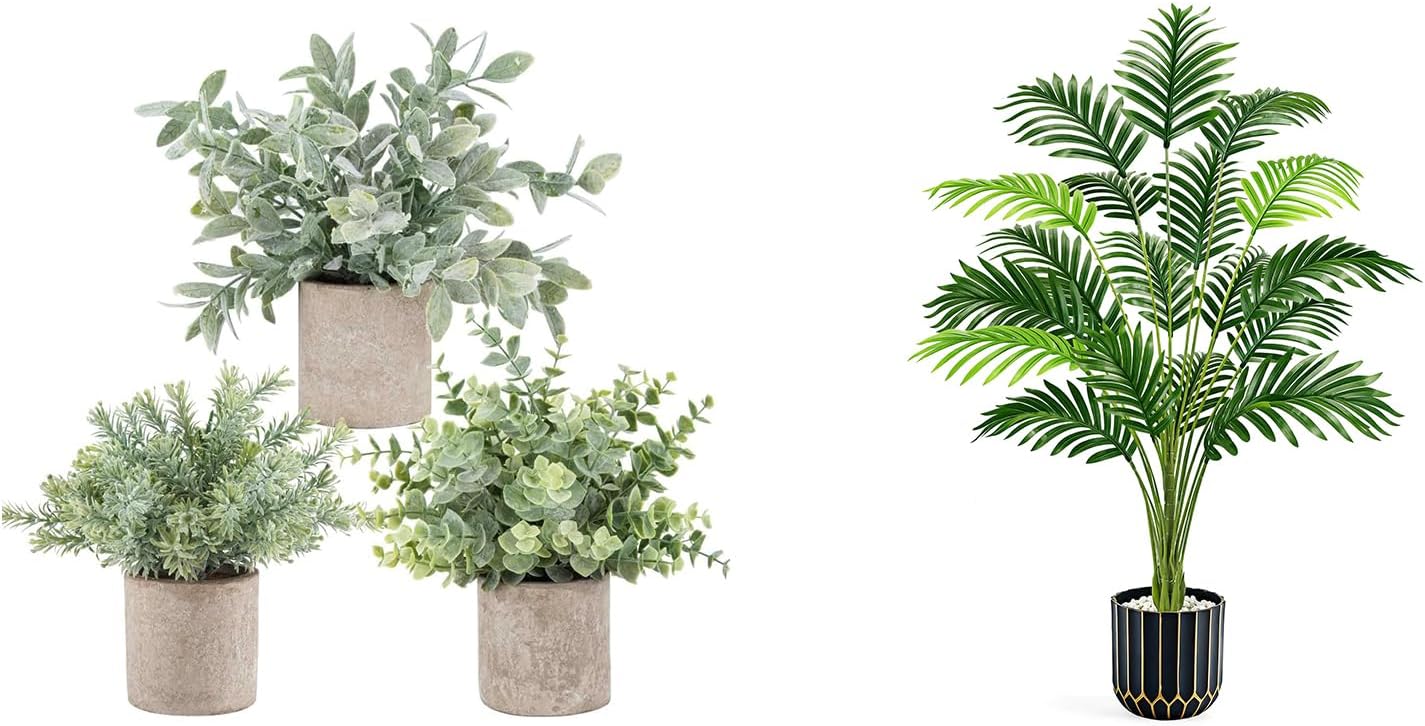 Der Rose Bundle of 3 Pack Mini Potted Fake Plants and 44'' Fake Plants Tall for Home Office Desk Farmhouse Shelf Room Bathroom Decor