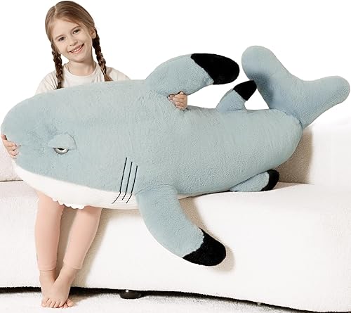 Miniatura 10 de Tezituor Peluche de tiburón ballena gigante de 51 pulgadas, almohada corporal grande de peluche de tiburón ballena azul de 4.3 pies para niñas