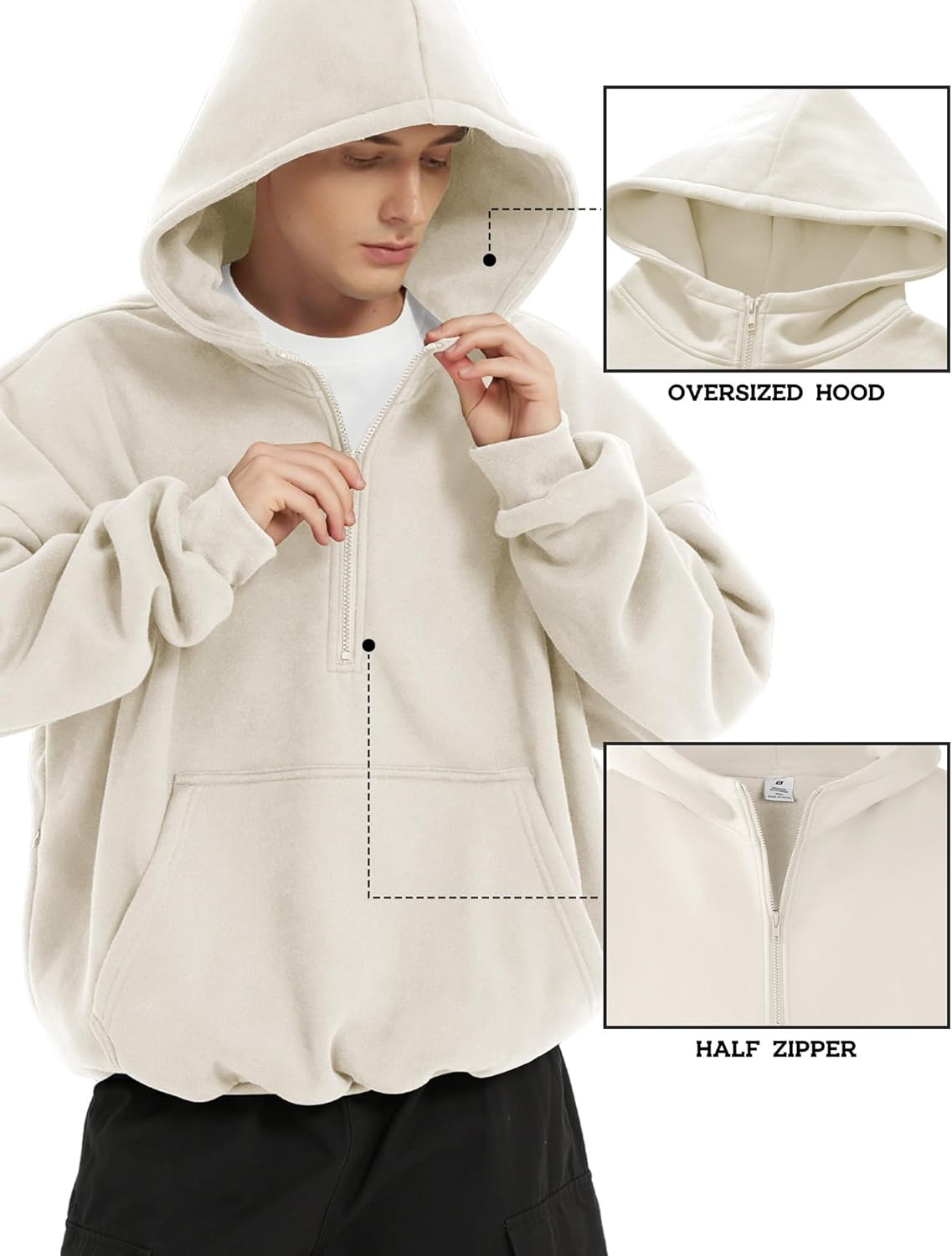 FAIABLE Mens Hoodies Half Zip Up Oversized Sweatshirts Fleece Cotton Quarter Zip Hoodie Pullover Fall Winter Outfit - Image 3