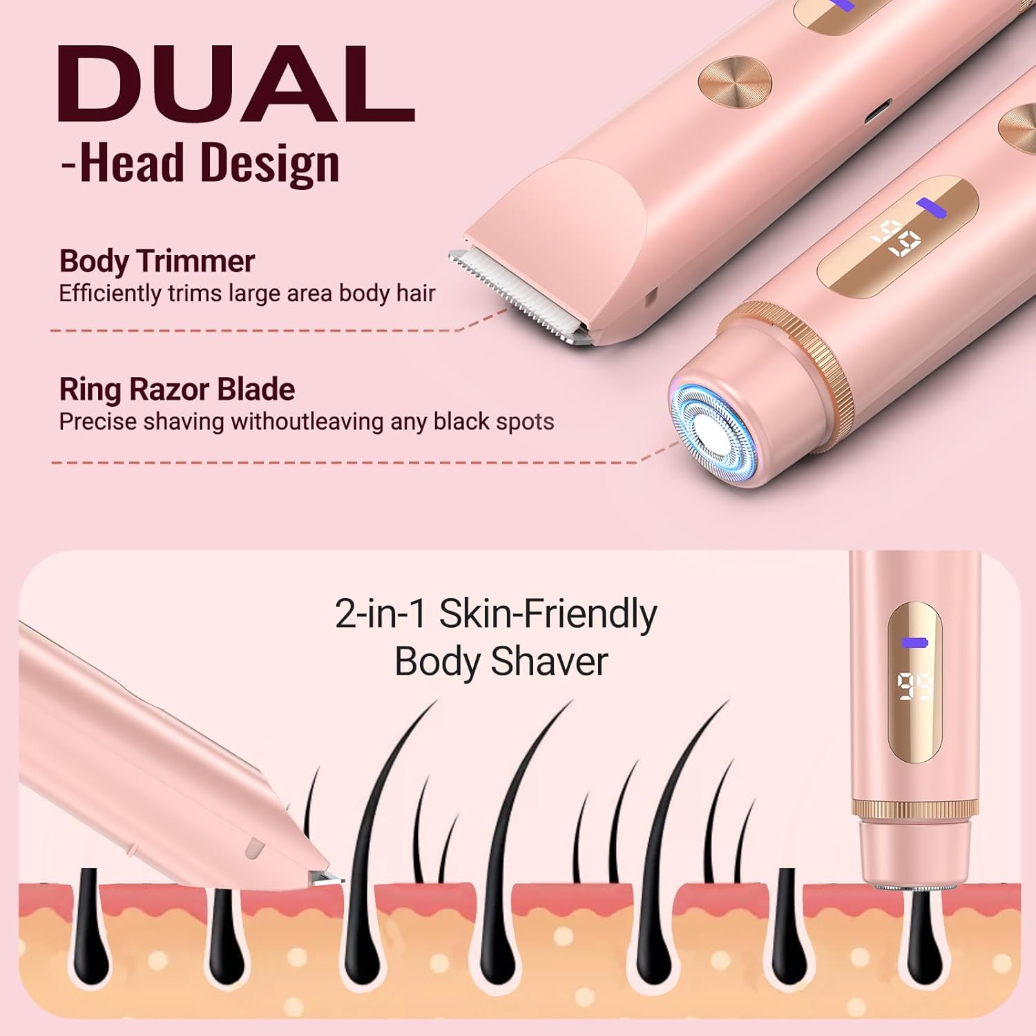 Bikini Trimmer for Women Electric Razors for Women Women's Electric Razor 2 in 1 Shaver Pubic Hair Trimmer Ipx7 Waterproof Wet Dry Use Bikini Shaver for Ladies Pubic, Legs, Face, Underarms (Pink) - Image 4