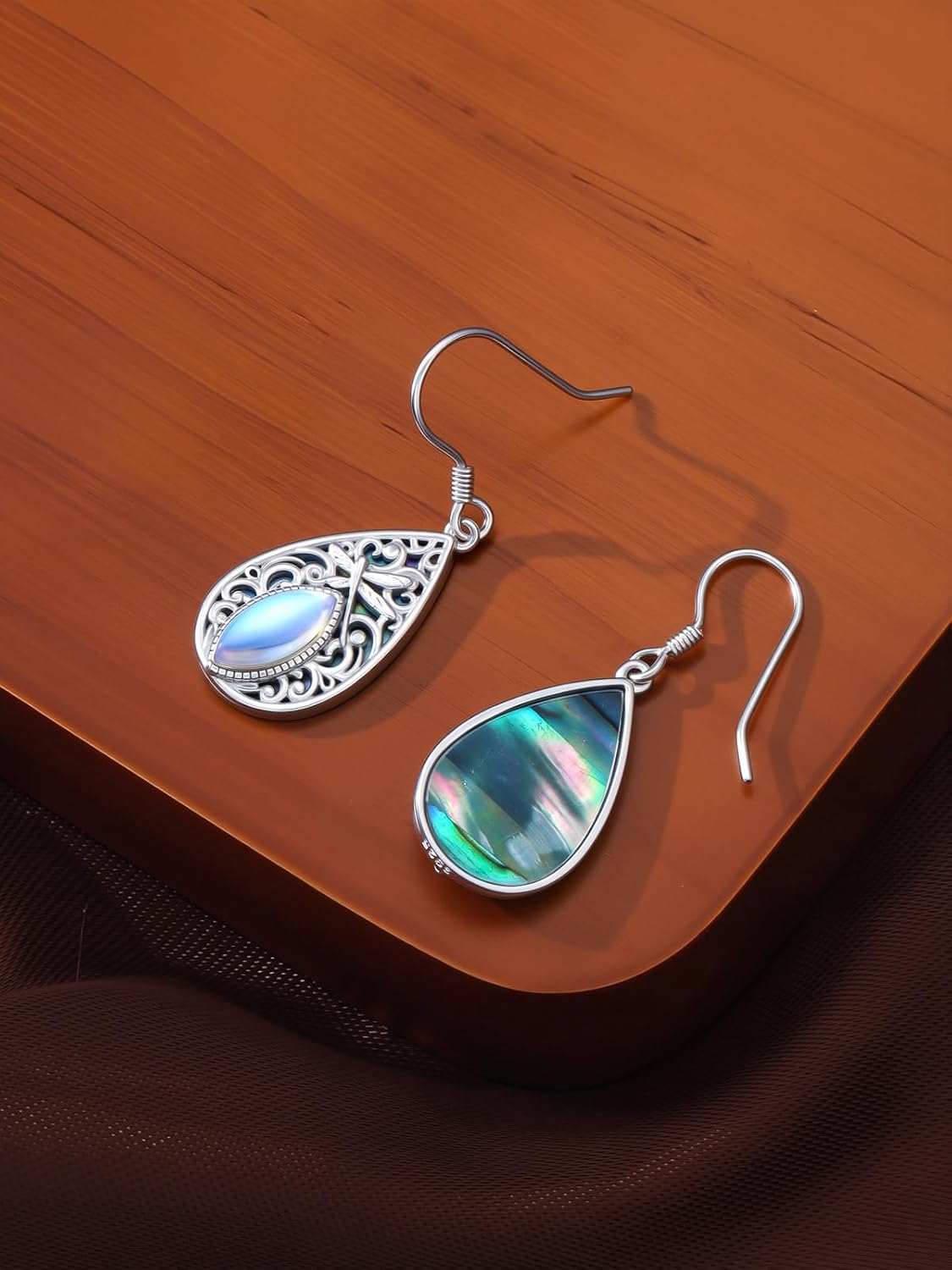 Dorunmo Filigree Earrings Sterling Silver Moonstone Teardrop Filigree Abalone Shell Drop Dangle Earrings Leverback Jewelry - Image 3