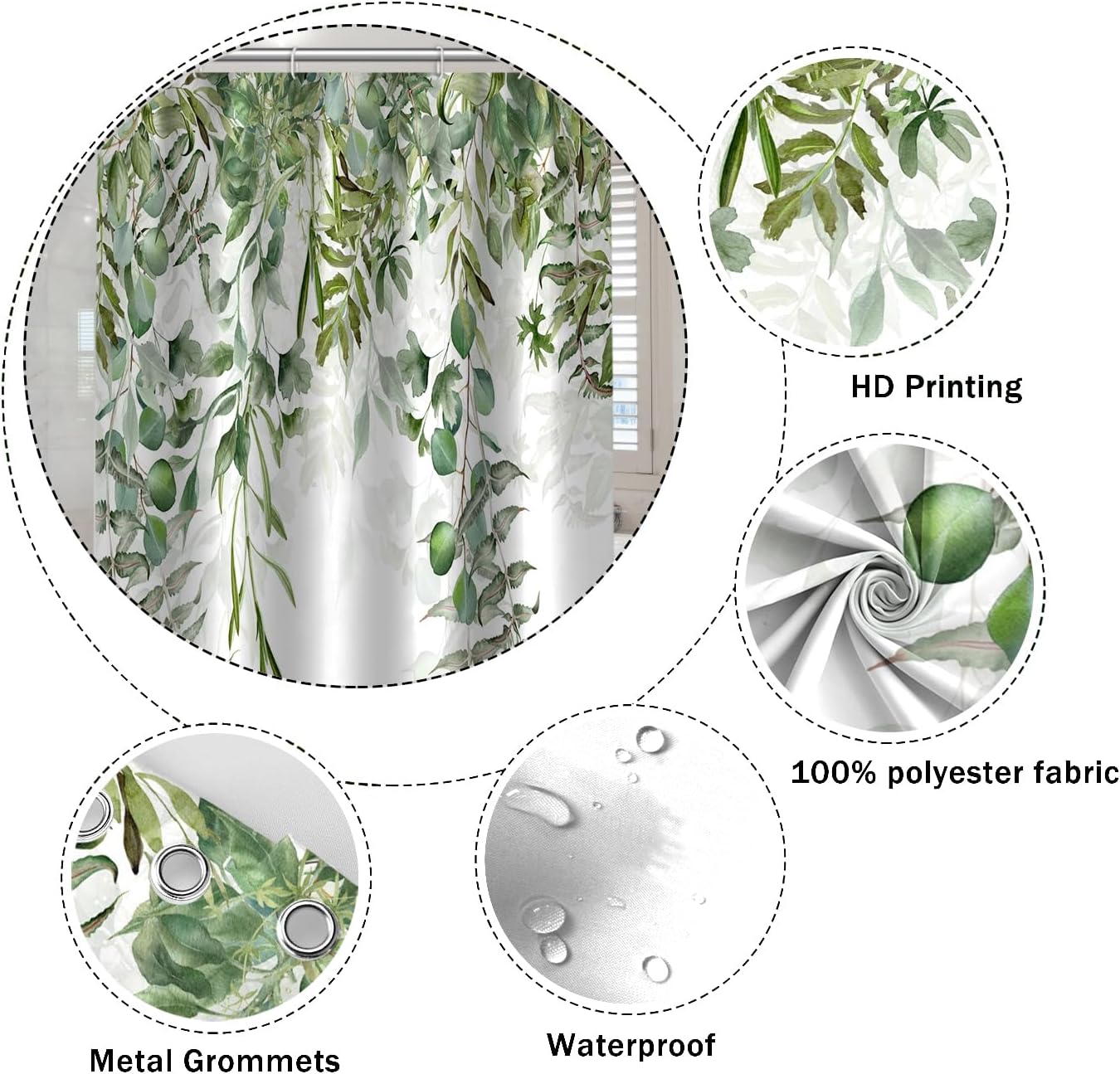 Nature Botanical Shower Curtains 72x96 Inch Spring Green Plants Leaves for Modern Bathroom Decor Fabric Waterproof Polyester Bath Curtain Accessories Set with Hooks
