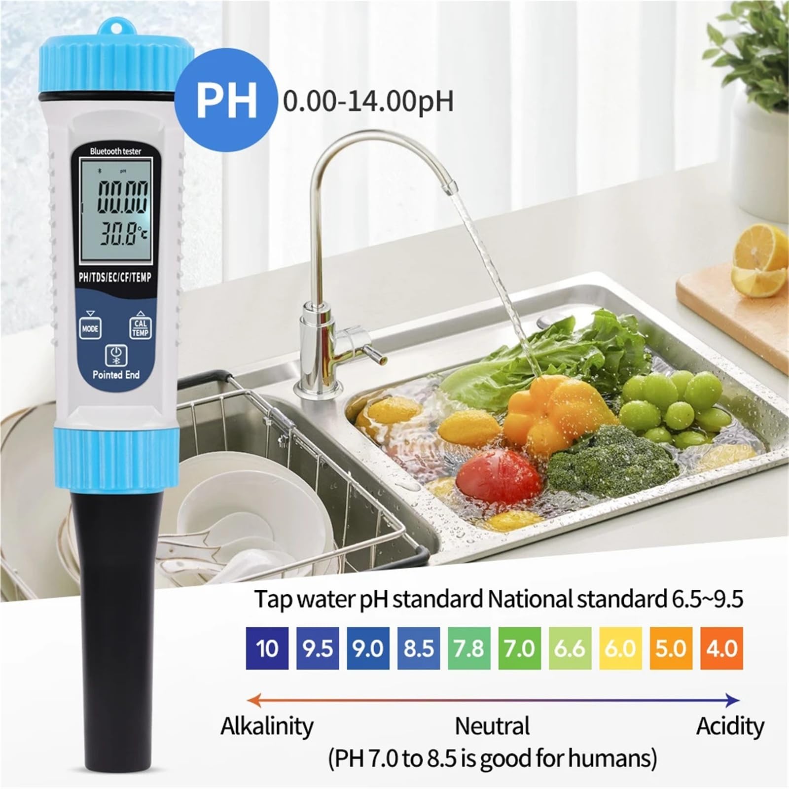 Medidor de pH y temperatura TDS, EC CF con Bluetooth 5 en 1, comprobador digital, función calibración automática, detector calidad del agua,Análisis de calidad instantáneo
