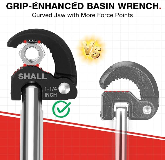 Shall 11'' Basin Wrench, Adjustable Sink Wrench, Full Polished Tap Nut Spanner with 3/8'' to 1-1/4''(10-32 mm) Jaw Capacity for Hard to Reach Spaces