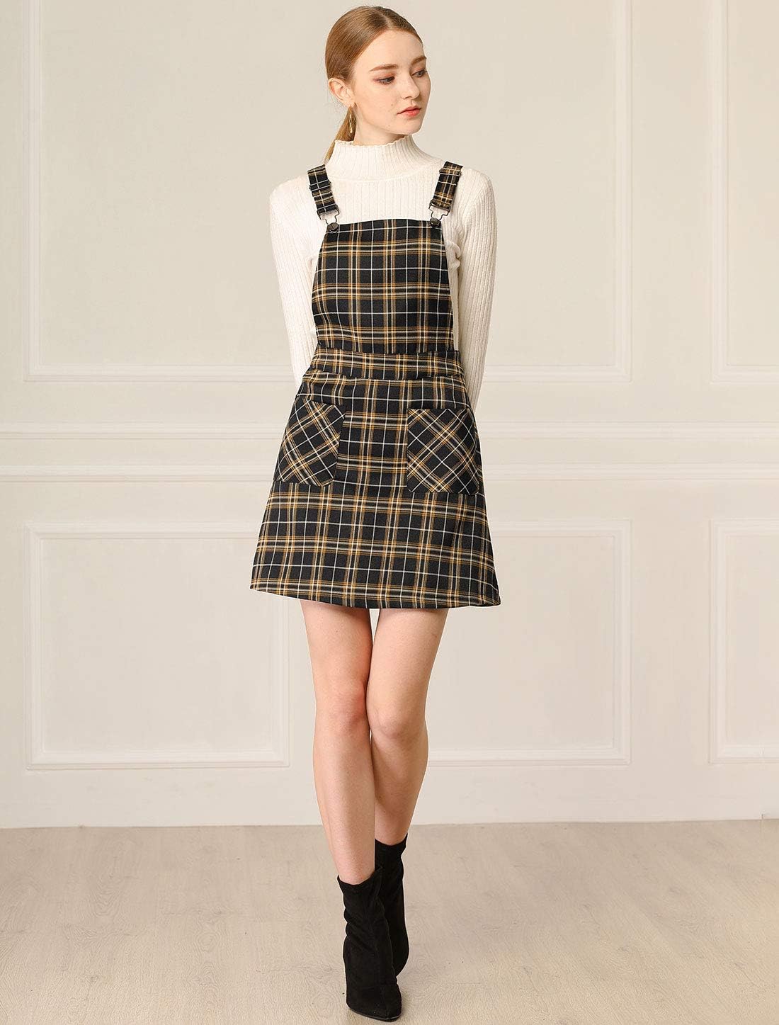 Allegra K Women's Plaid Overall Dress Vintage Checkered Suspender Skirt Short Pinafore Dress - Image 3