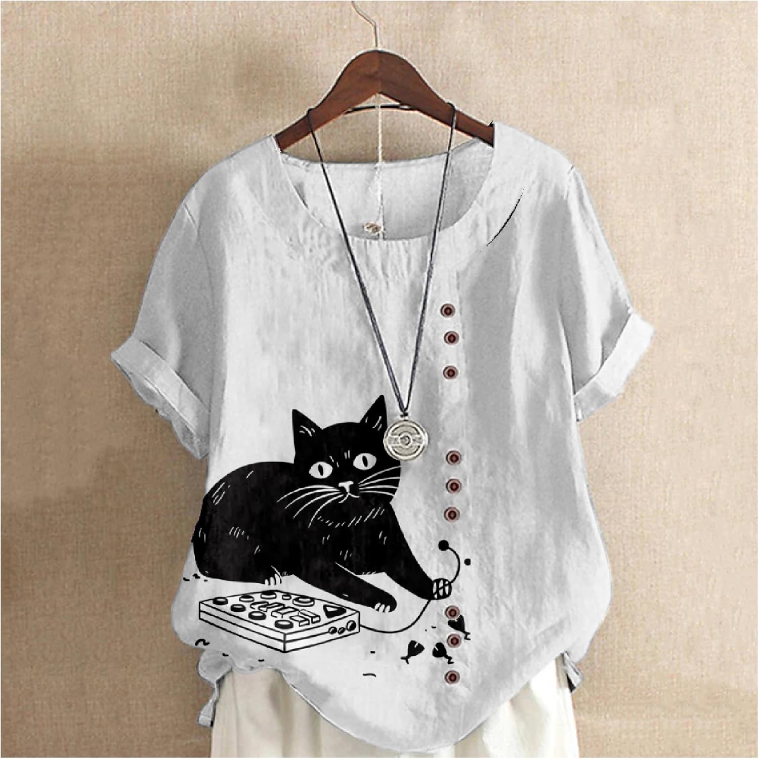Cotton Linen Tops for Women Cute Cat Print Short Sleeve Crew Neck Summer Casual Boho Dressy Linen Blouses - Image 2